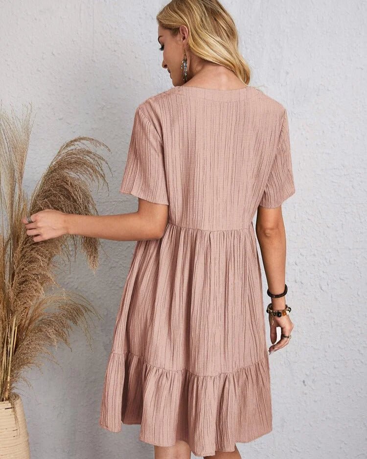 Crinkle Gauze Deep V-Neck Empire Waist Tiered Ruffle Hem Mini Dress