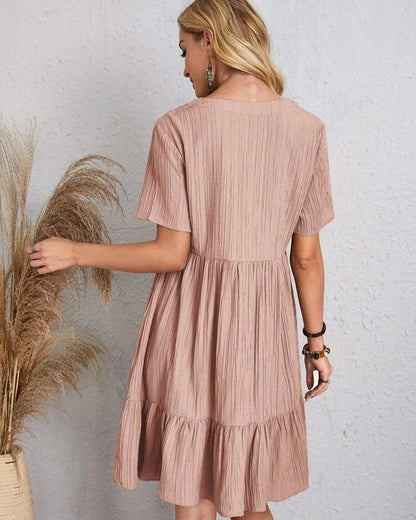 Crinkle Gauze Deep V-Neck Empire Waist Tiered Ruffle Hem Mini Dress