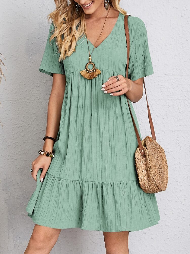 Crinkle Gauze Deep V-Neck Empire Waist Tiered Ruffle Hem Mini Dress