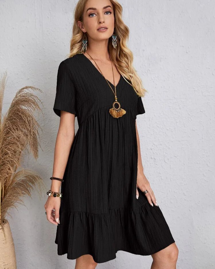Crinkle Gauze Deep V-Neck Empire Waist Tiered Ruffle Hem Mini Dress