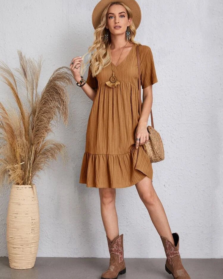 Crinkle Gauze Deep V-Neck Empire Waist Tiered Ruffle Hem Mini Dress