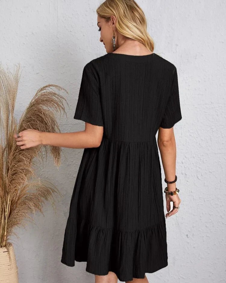 Crinkle Gauze Deep V-Neck Empire Waist Tiered Ruffle Hem Mini Dress