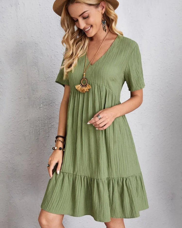 Crinkle Gauze Deep V-Neck Empire Waist Tiered Ruffle Hem Mini Dress