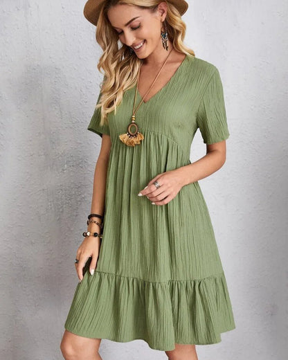 Crinkle Gauze Deep V-Neck Empire Waist Tiered Ruffle Hem Mini Dress