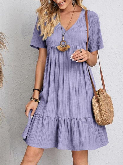Crinkle Gauze Deep V-Neck Empire Waist Tiered Ruffle Hem Mini Dress