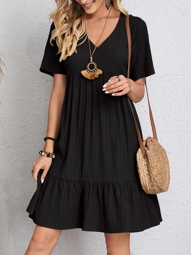 Crinkle Gauze Deep V-Neck Empire Waist Tiered Ruffle Hem Mini Dress