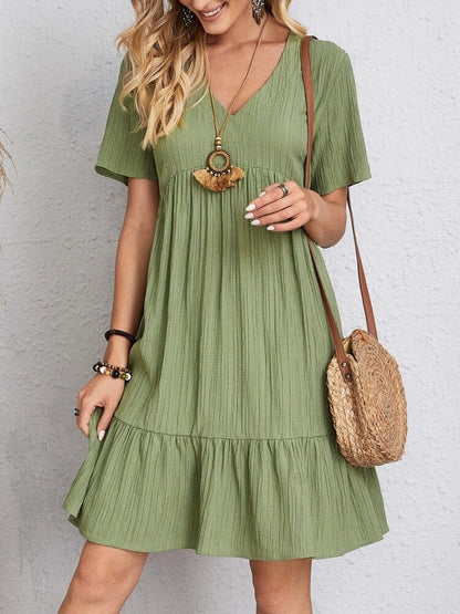Crinkle Gauze Deep V-Neck Empire Waist Tiered Ruffle Hem Mini Dress