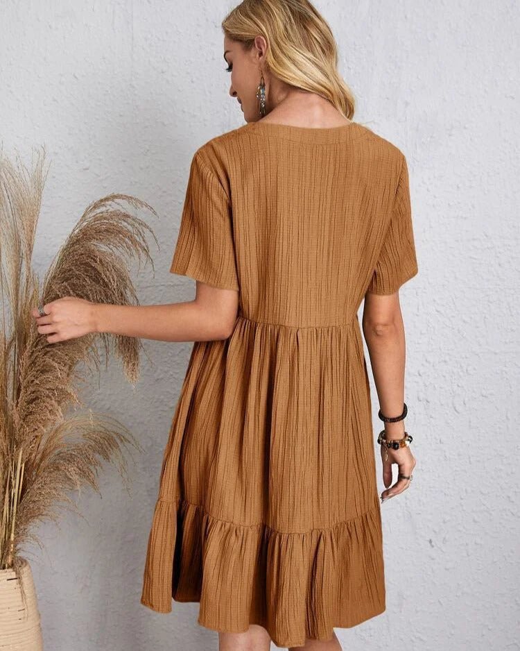 Crinkle Gauze Deep V-Neck Empire Waist Tiered Ruffle Hem Mini Dress