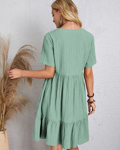 Crinkle Gauze Deep V-Neck Empire Waist Tiered Ruffle Hem Mini Dress