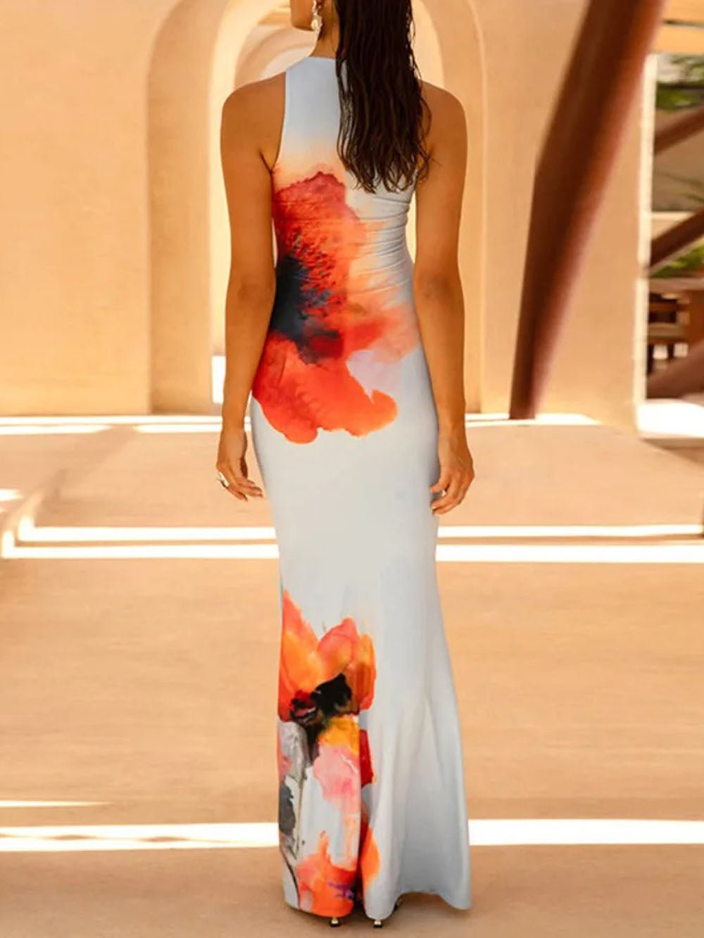 Watercolor Floral Print Round Neck Sleeveless Bodycon Maxi Dress