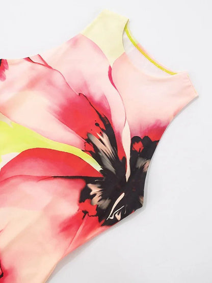 Watercolor Floral Print Round Neck Sleeveless Bodycon Maxi Dress