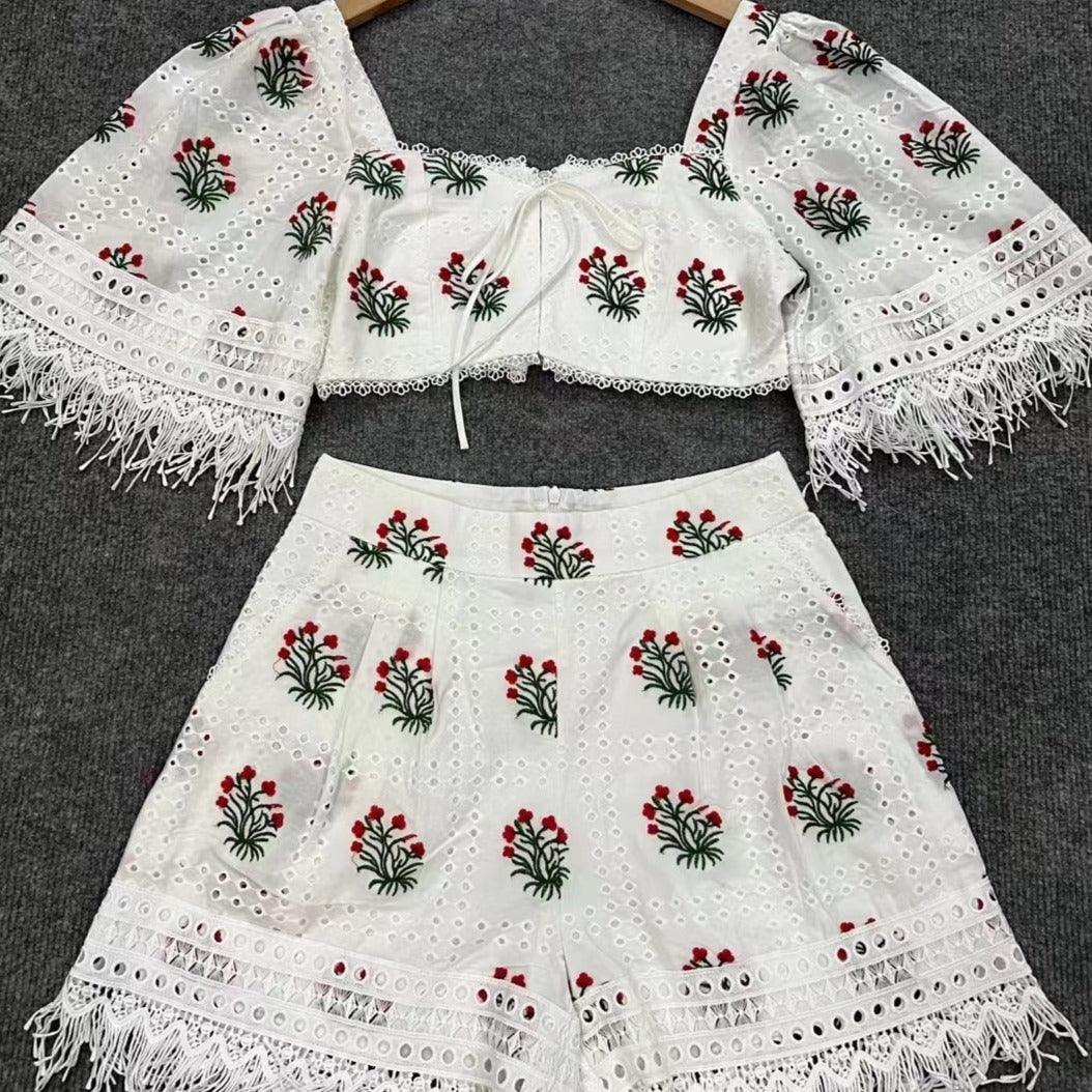 KittenAlarm - Hazel Puff Sleeve Embroidered Top & Floral Mini Short Set