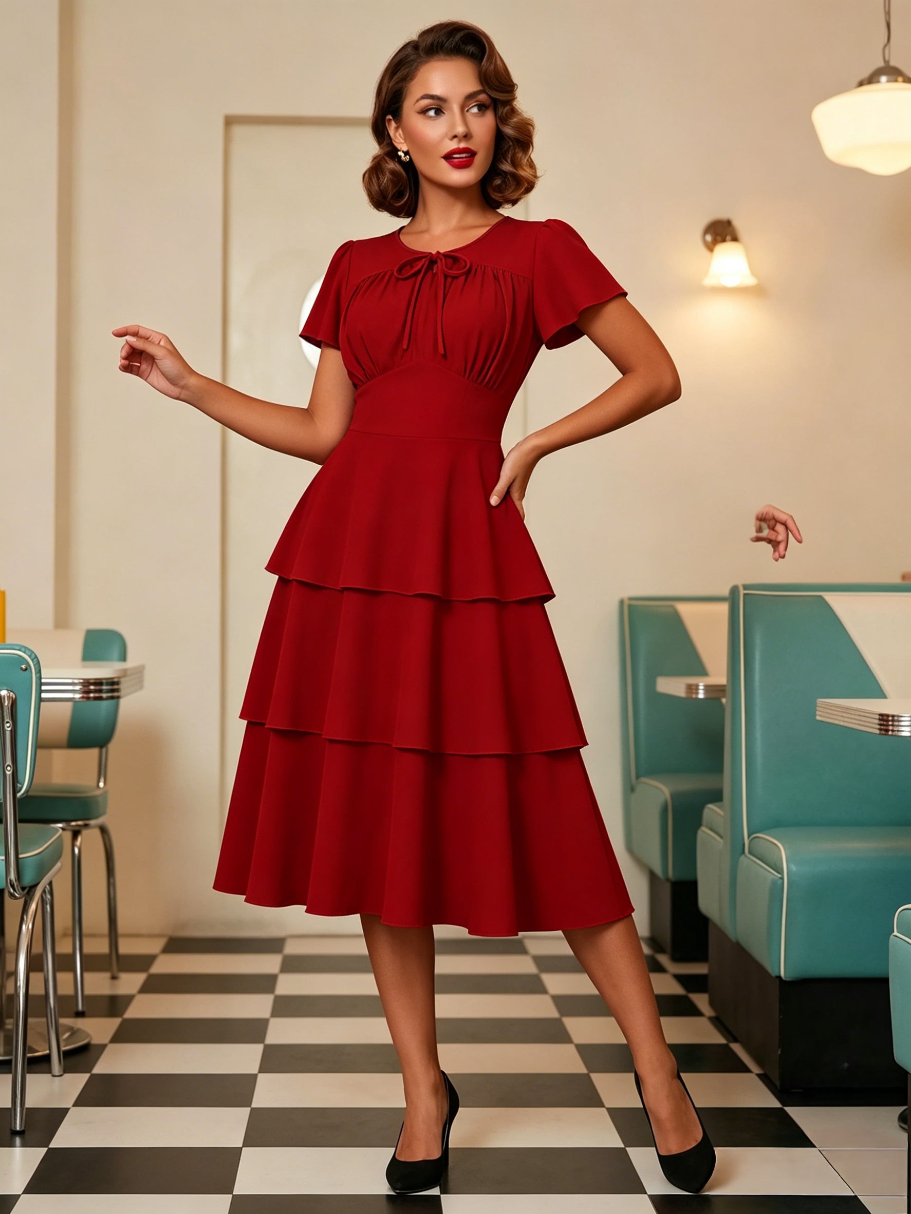 Vintage Dress Women's Elegant Tiered Midi Dress Short Flutter Sleeve Tie Front Fit And Flare Dress