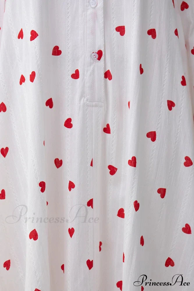 Heart Print Puff Sleeve Cotton Dress