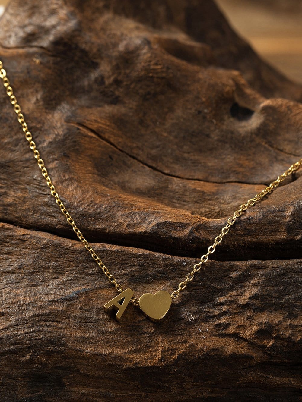 Gold Letter Pendant Necklace with Chained Heart Design