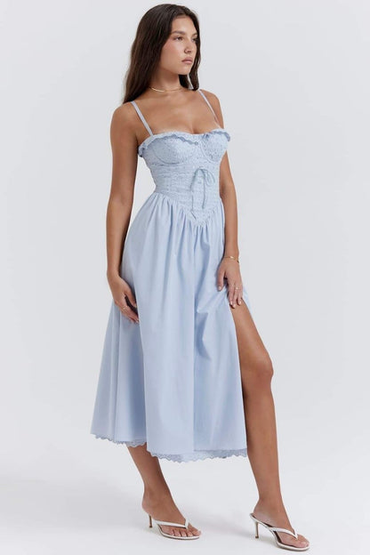 Eyelet Lace Sweetheart Corset Tie-Front High Slit Midi Dress