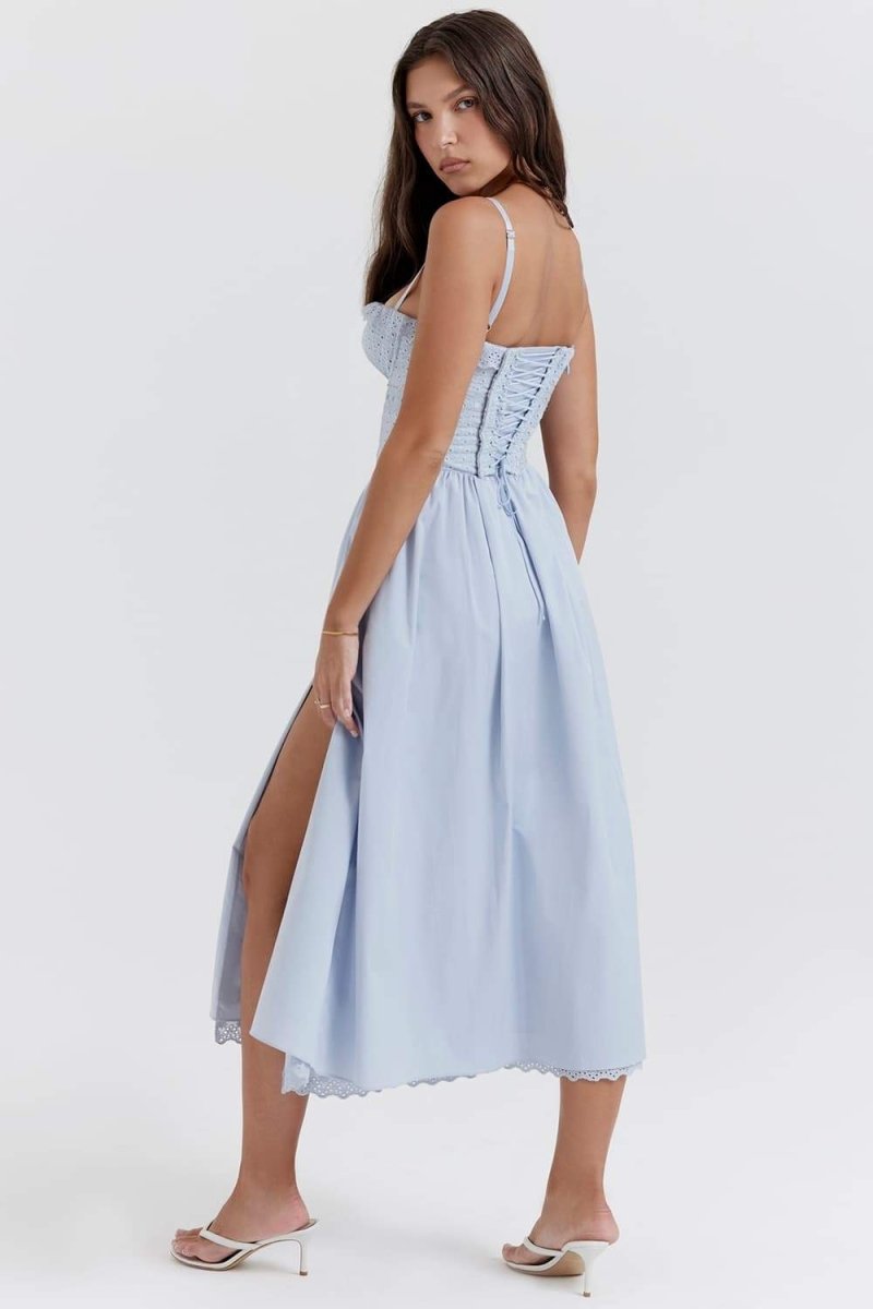 Eyelet Lace Sweetheart Corset Tie-Front High Slit Midi Dress