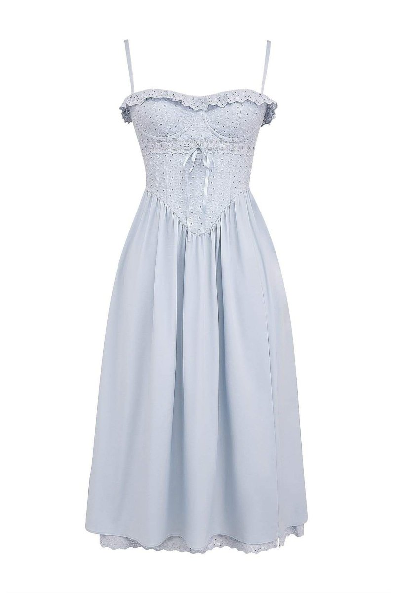 Eyelet Lace Sweetheart Corset Tie-Front High Slit Midi Dress