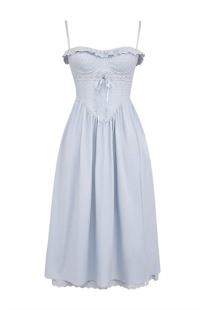 Eyelet Lace Sweetheart Corset Tie-Front High Slit Midi Dress