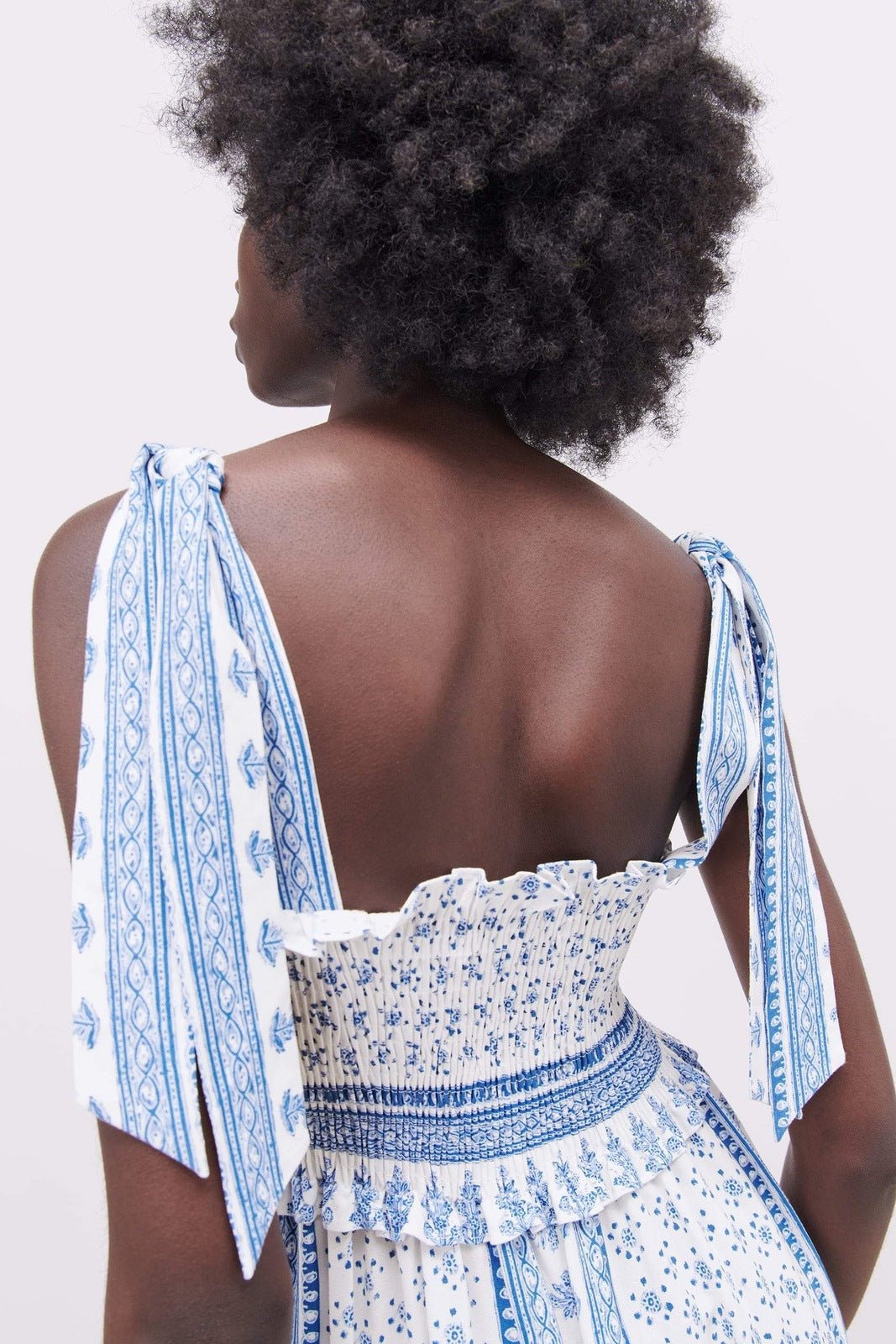 Smocked Square Neck Tie Strap Floral Border Print Midi Dress