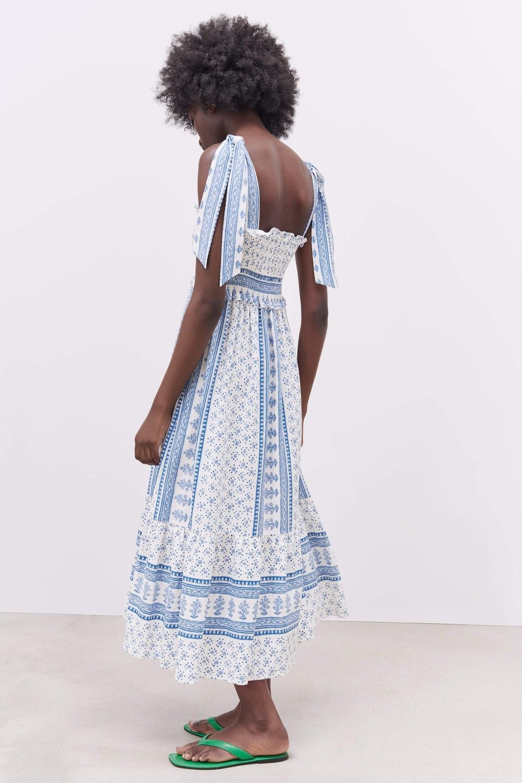 Patchwork Print Smocked Tie Shoulder Square Neck Ruffle Trim Midi Dress