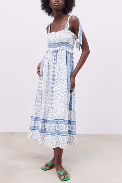Smocked Square Neck Tie Strap Floral Border Print Midi Dress