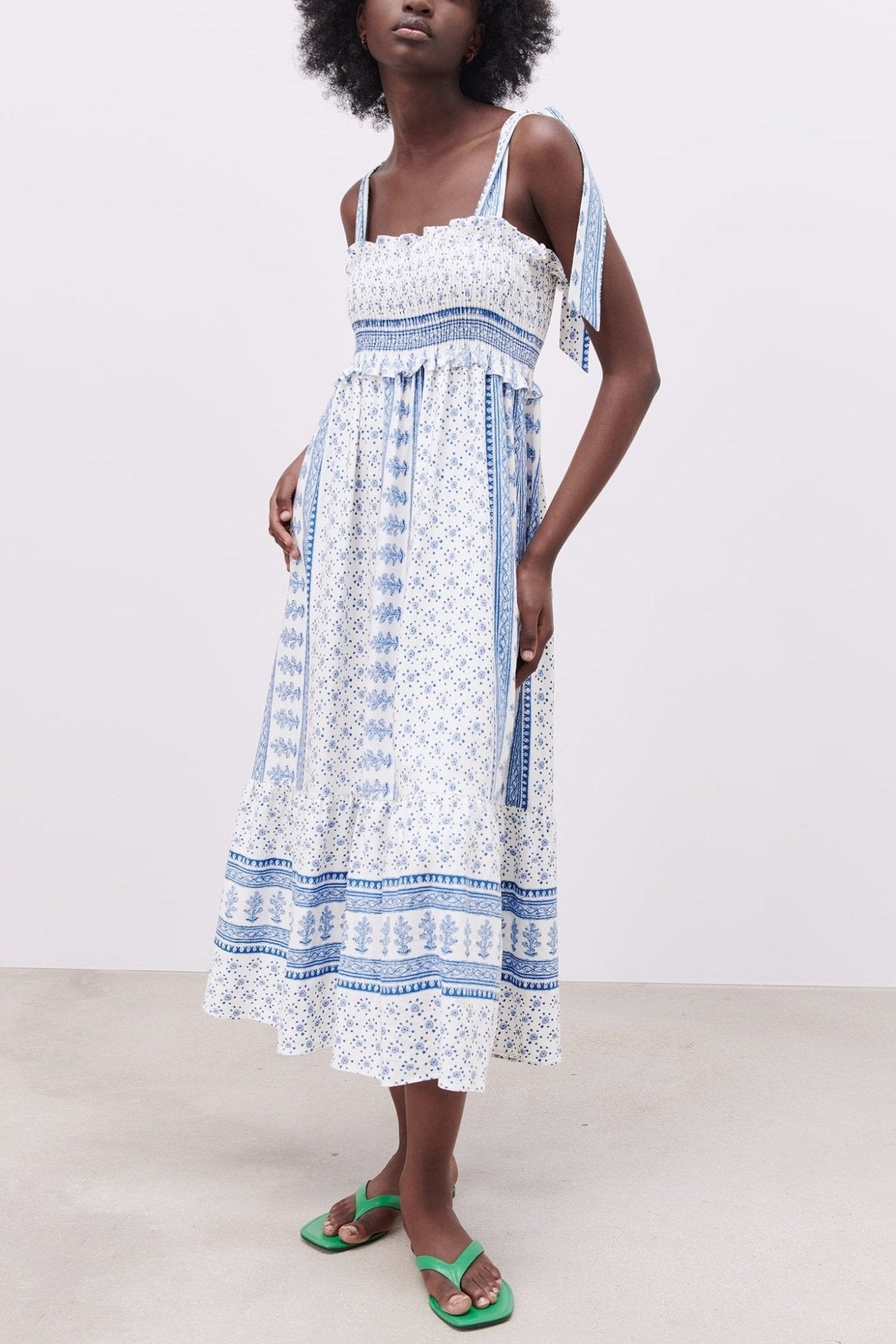 Patchwork Print Smocked Tie Shoulder Square Neck Ruffle Trim Midi Dress
