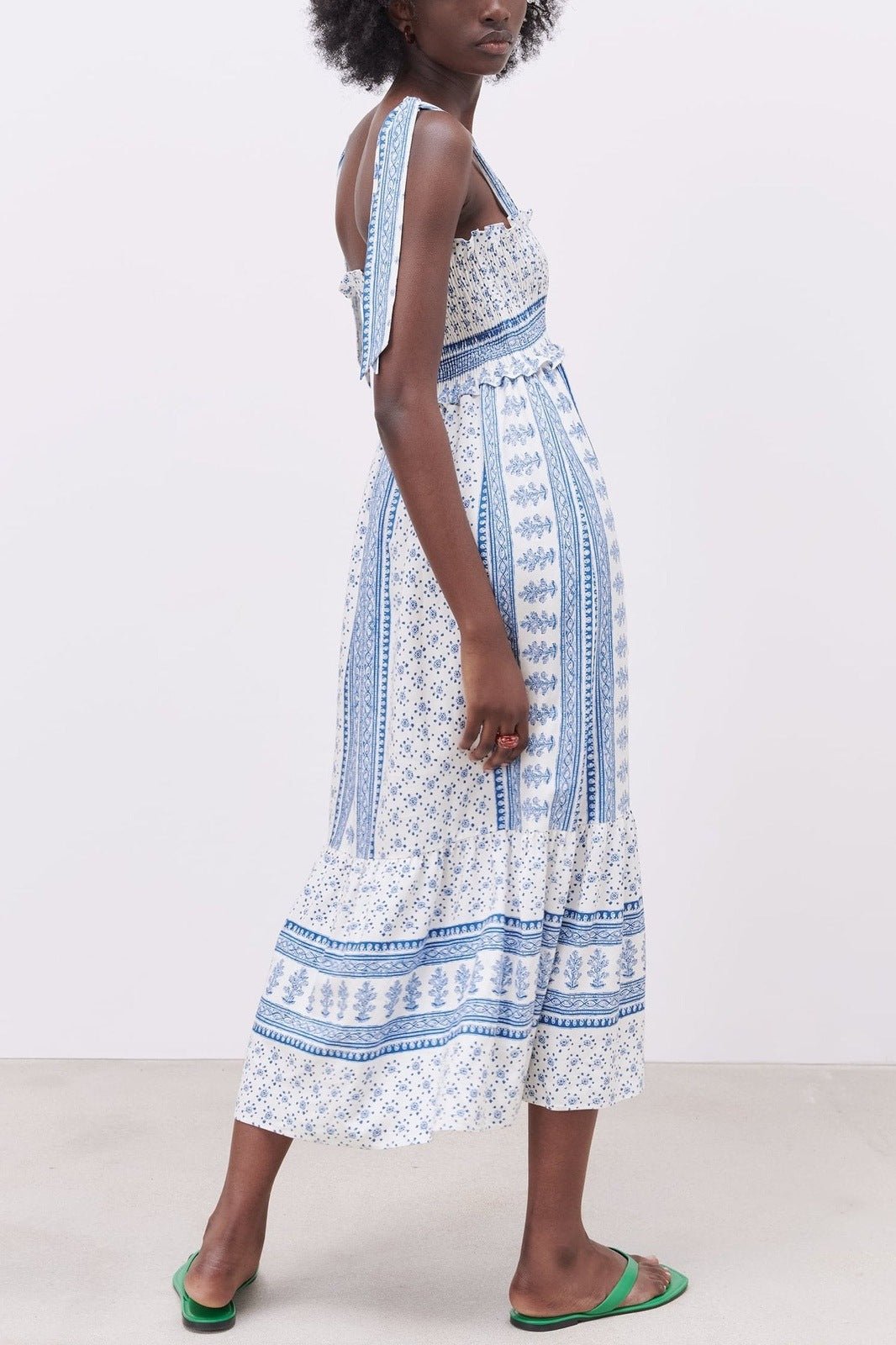 Patchwork Print Smocked Tie Shoulder Square Neck Ruffle Trim Midi Dress