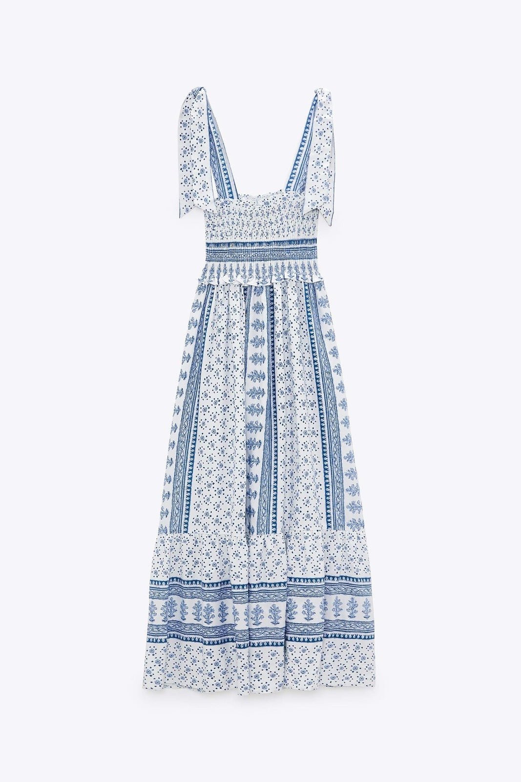 Patchwork Print Smocked Tie Shoulder Square Neck Ruffle Trim Midi Dress