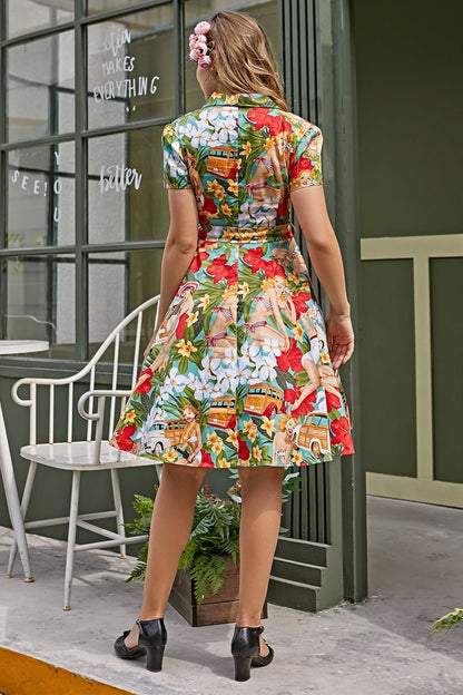 Tropical Novelty Print Notched Collar Button Front Belted Swing Midi Dress