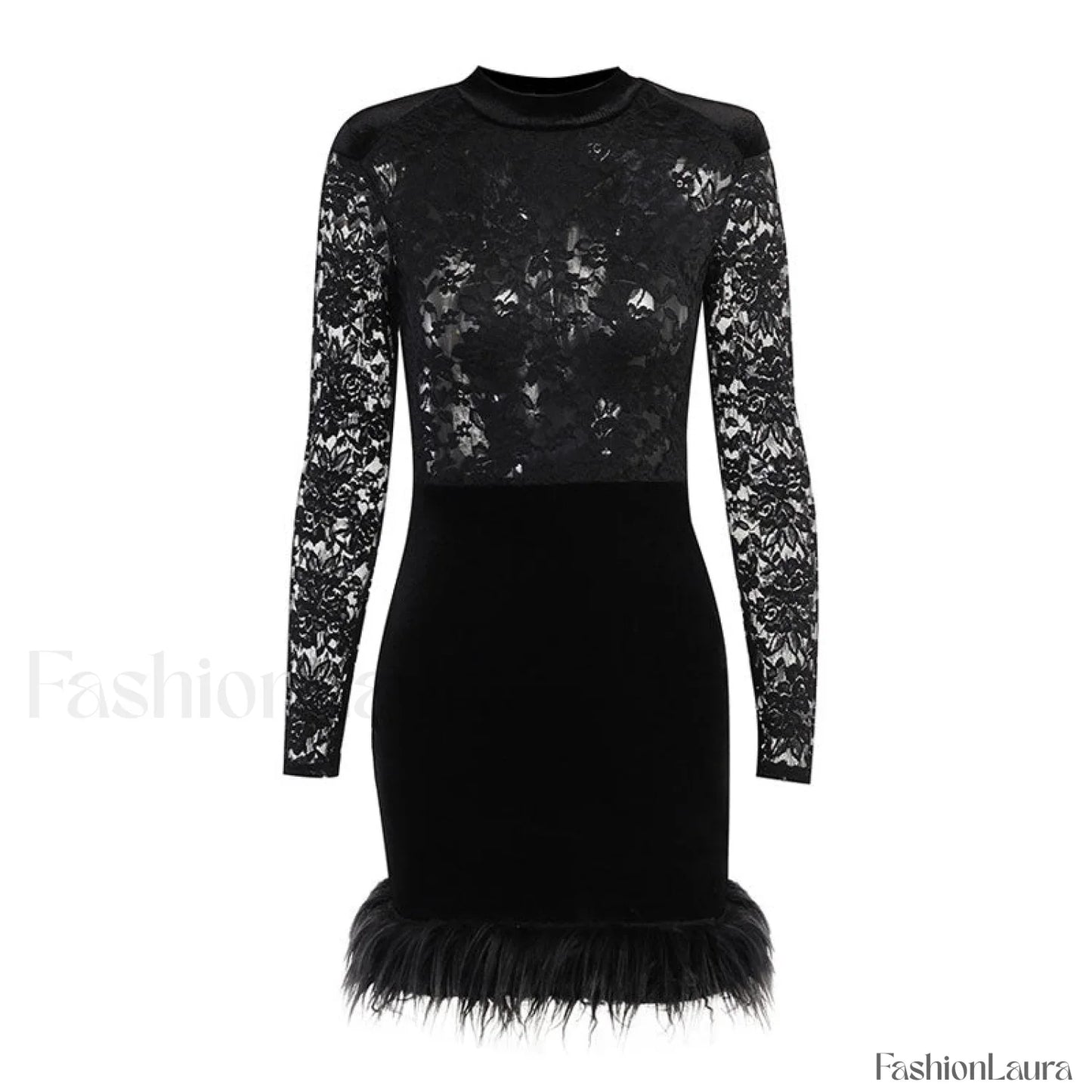 High Neck Long Sleeve Floral Lace Panel Trim Mini Dress - Black