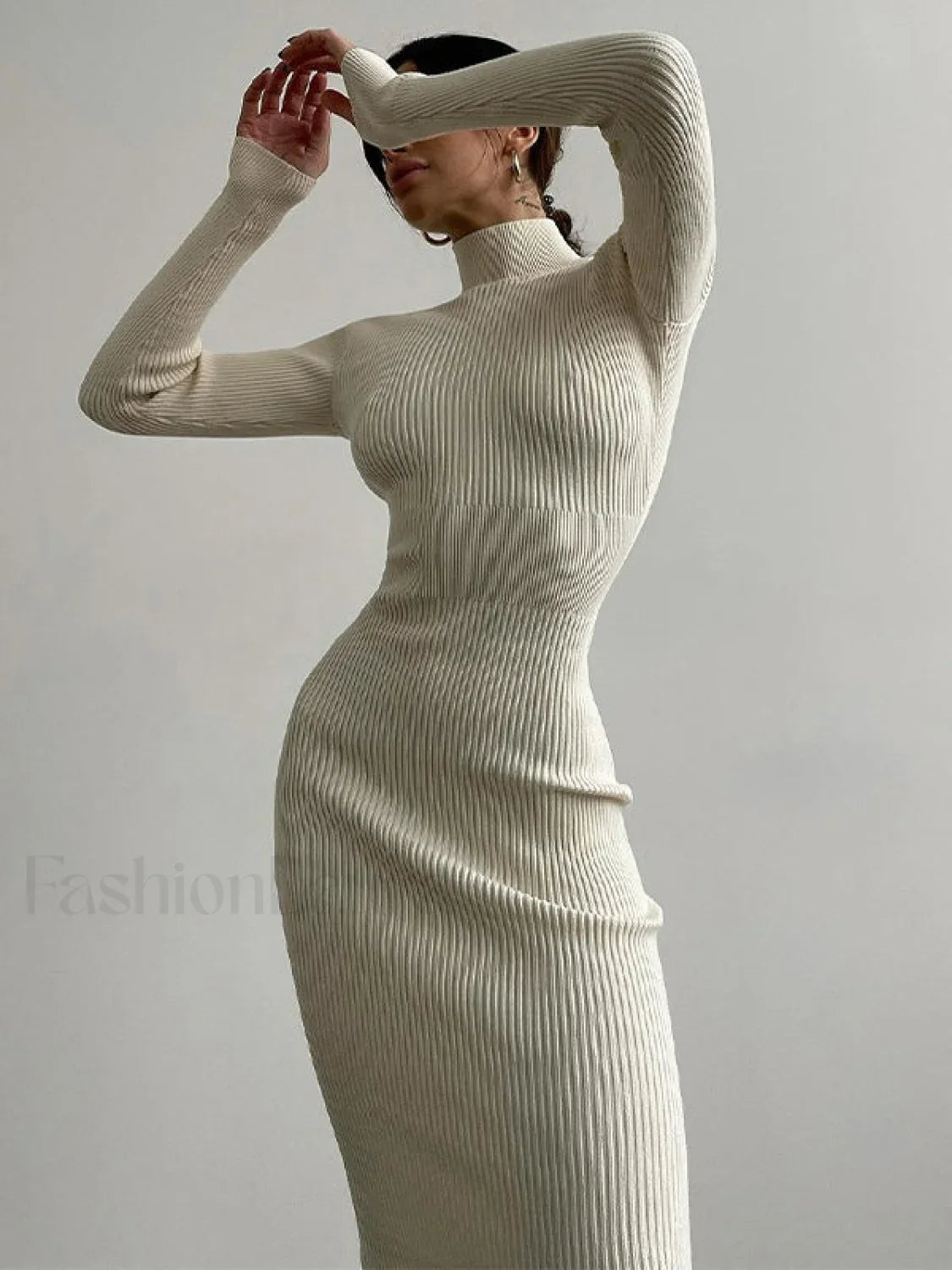 High Neck Ribbed Knit Long Sleeve Maxi Dress
