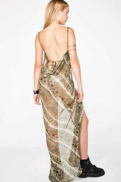 Snakeskin Print Cowl Neck Spaghetti Strap High Slit Slip Maxi Dress