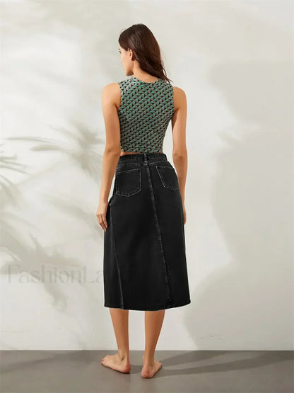 High Split Denim Pencil Skirt