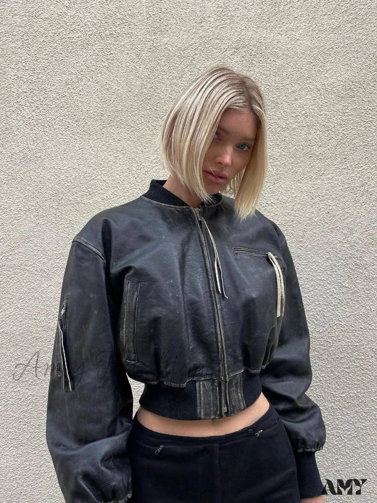 High Street PU Leather Cropped Fashion Short Bomber Long Sleeve Zip Closure Jacket