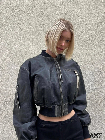 High Street PU Leather Cropped Fashion Short Bomber Long Sleeve Zip Closure Jacket