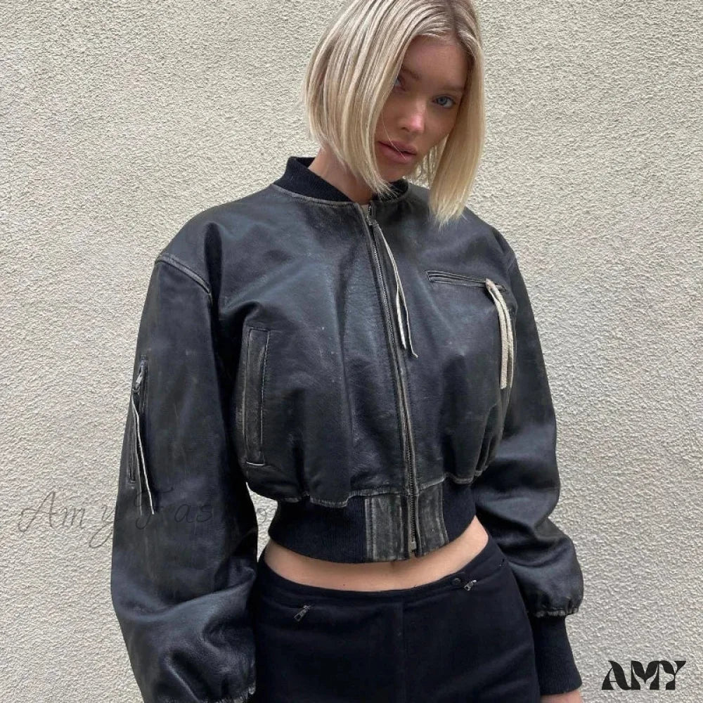 High Street PU Leather Cropped Fashion Short Bomber Long Sleeve Zip Closure Jacket