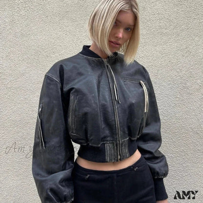 High Street PU Leather Cropped Fashion Short Bomber Long Sleeve Zip Closure Jacket