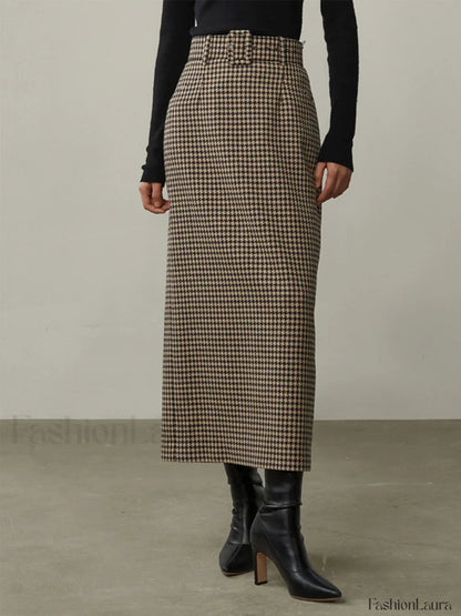 High Waist Graceful Houndstooth Midi Skirt