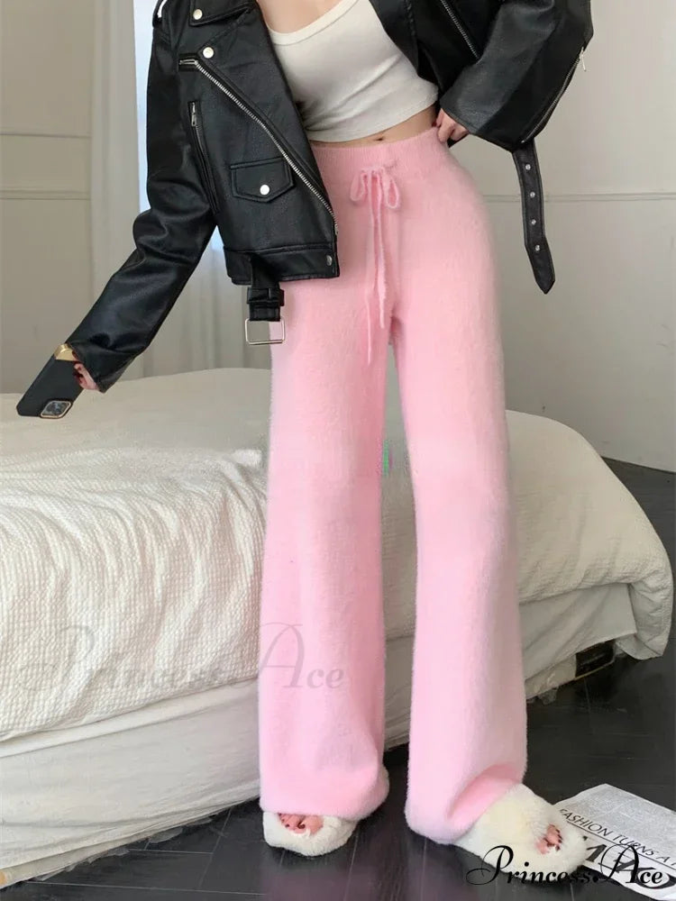 High Waist Wide Leg Satin Casual Ice Silk Straight Drawstring Slim Pants