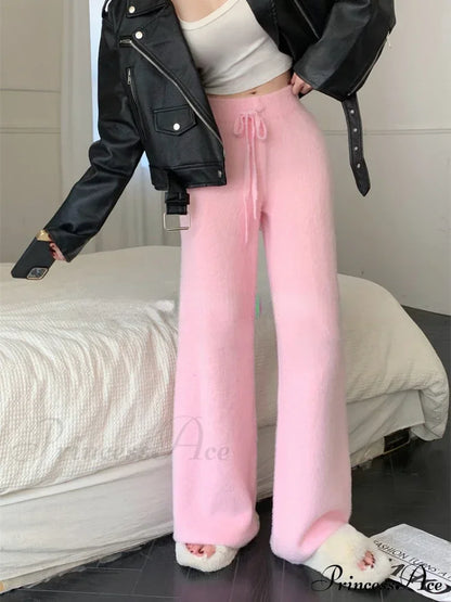 High Waist Wide Leg Satin Casual Ice Silk Straight Drawstring Slim Pants