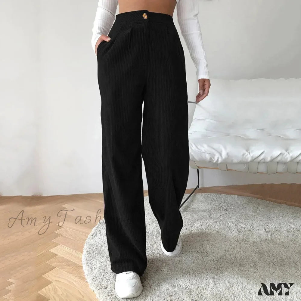 High Waist Wide Spring Solid Causal Straight Loose Vintage Trouser