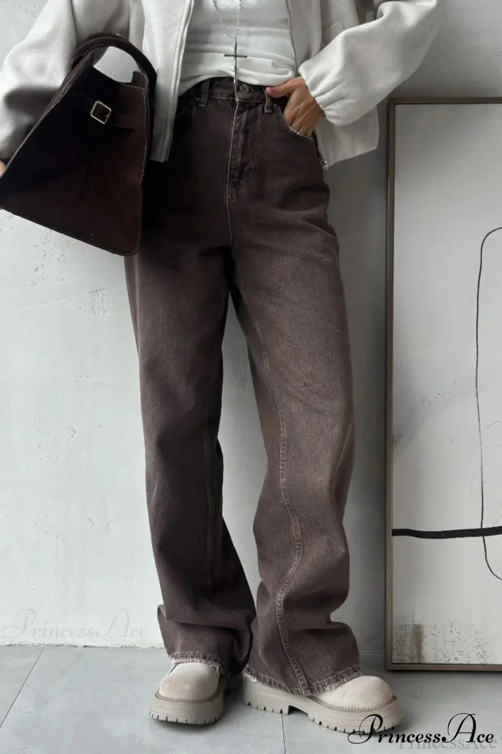 High Waisted Brown Straight Leg Jeans