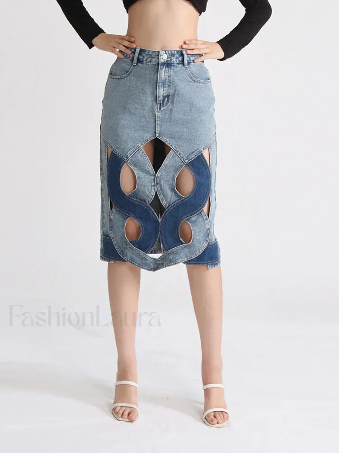 Hollow Out Zipper Denim Skirt