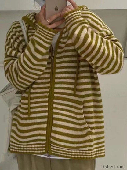 Hooded Striped Long Sleeve Knit Cardigan