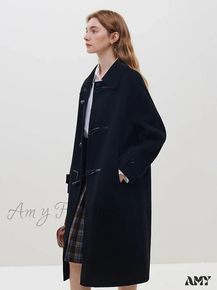 Horn Button College Style Red Camel Simple Mid-Length Black Wool Coat