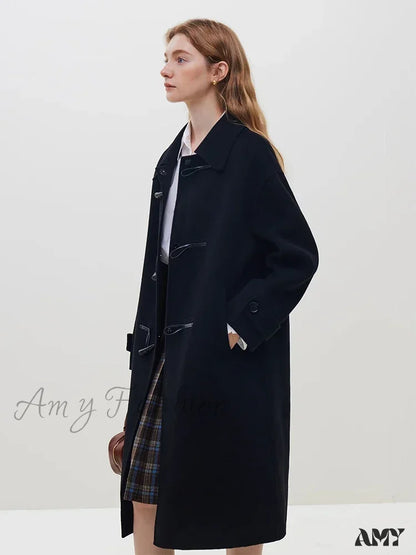 Horn Button College Style Red Camel Simple Mid-Length Black Wool Coat