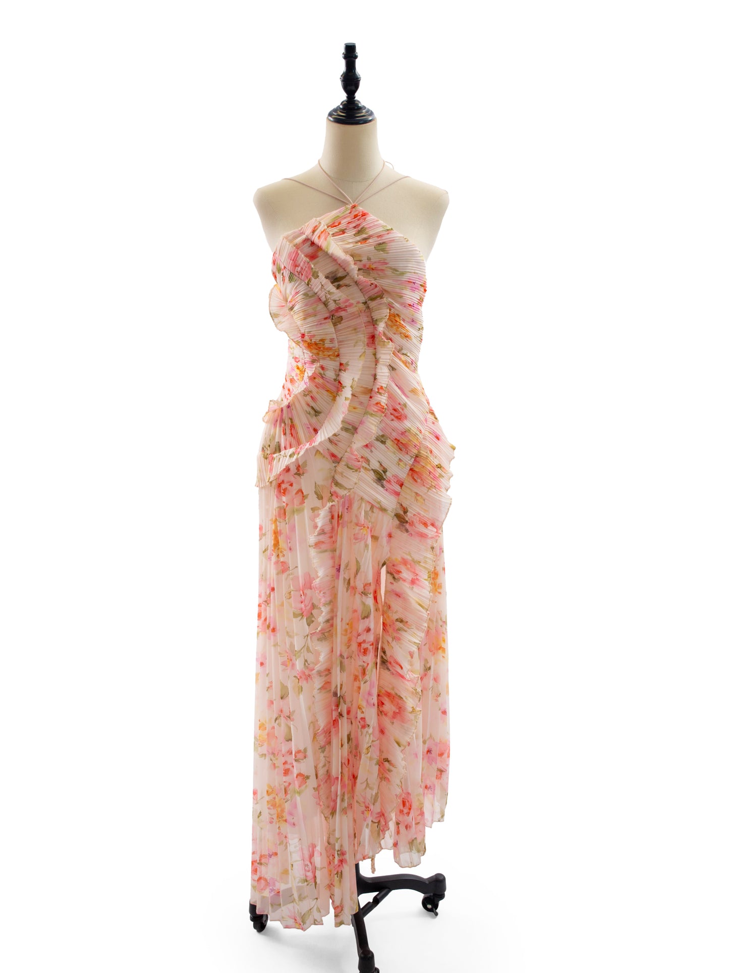Date Night Dresses Maxi Asymmetrical Pleated Ruffles Sleeveless Floral Print Halter Elegant Dress