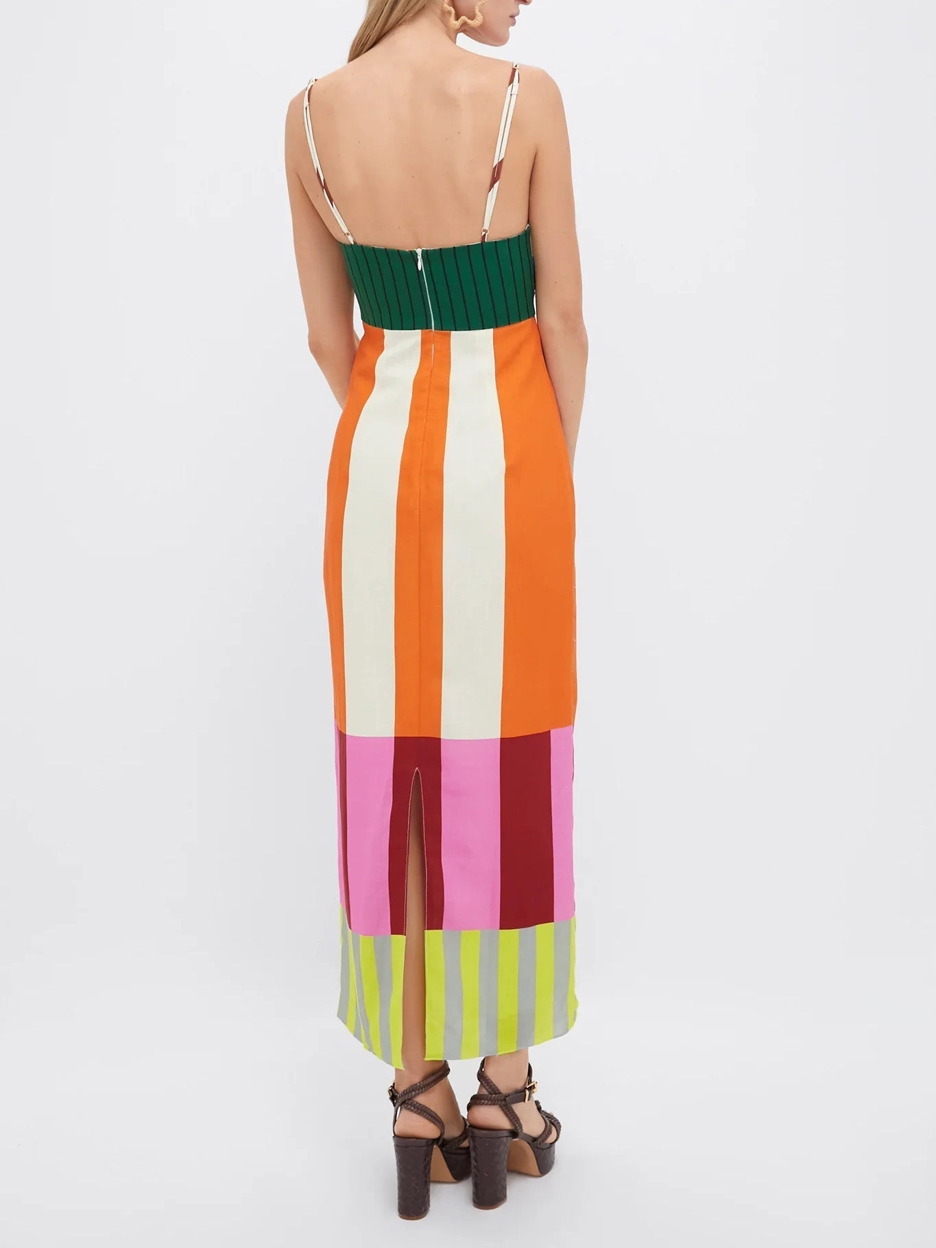 Square Neck Spaghetti Strap Color Block Panel Stripe Midi Dress