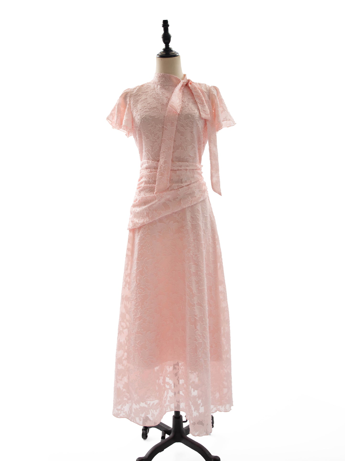 Date Night Dresses Maxi Ruffles Zipper Short Sleeves Stand Collar Petal Sleeves Elegant Pink Dress